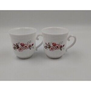 Set of 2 Vintage Arcopal France White Tea Cups With Pink Flowers